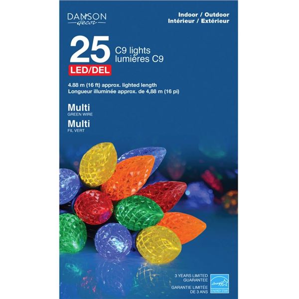 Faceted LED C9 light set with green wire – Clear, 25 lights