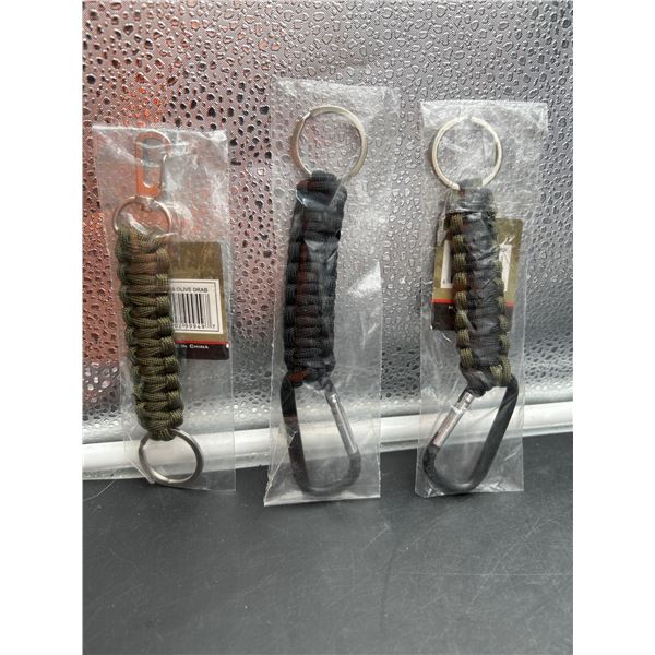 Three Paracord Keychains with Carabiners Green, Black And Camo