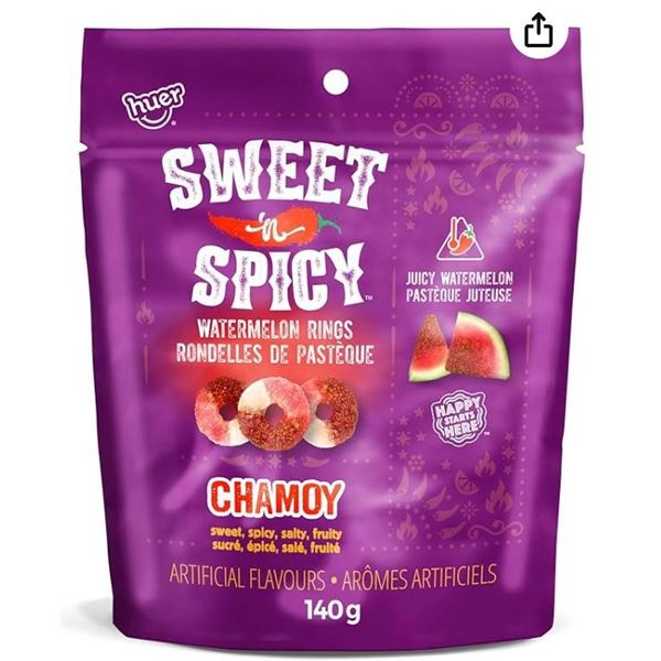 Huer Sweet ‘N Spicy Chamoy Watermelon Rings 140g – Lot of 9 Packs
