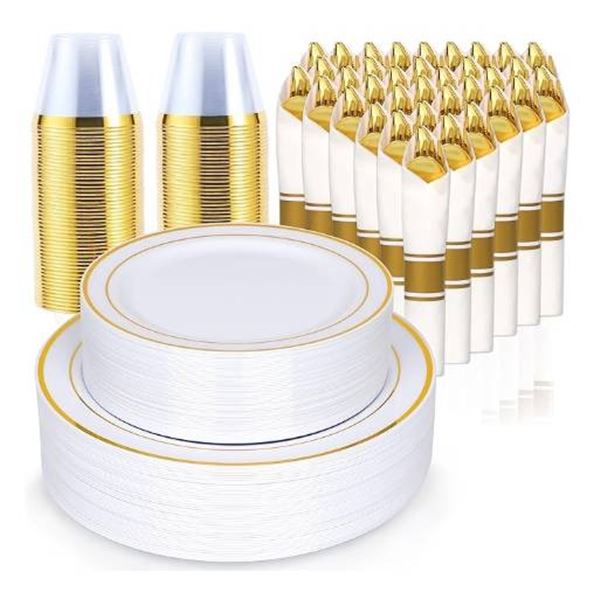 Prestige 350-Piece Gold Dinnerware Set – Includes Plates, Cups, and Utensils