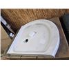 Image 2 : White Corner Shower Base With Drain Hole – One Side has Large Chip out of wall flange