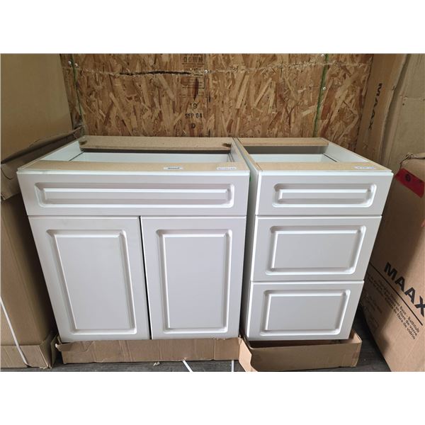 2 PC White Wooden Cabinets with Dimensions of 30x24x35 and 18x24x35
