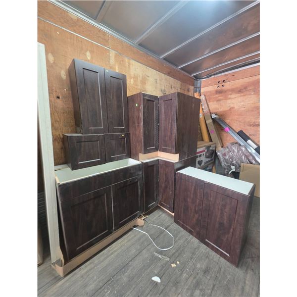 Dark Wood Kitchen Cabinets with Multiple Sizes and Configurations