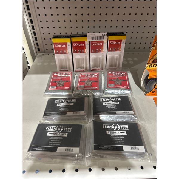 Assorted Lot of Emergency Zone Survival Gear Bundle: Candles, Ponchos, and Emergency Blankets