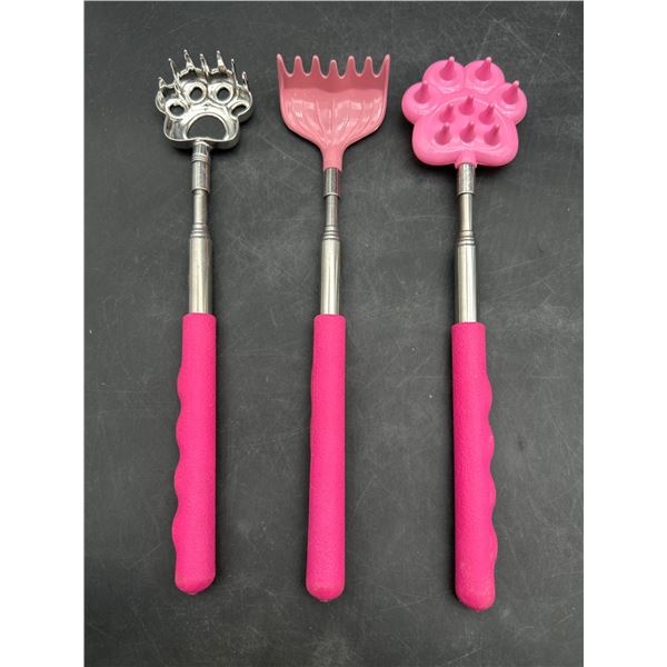 Lot of 3 Telescoping Back Scratchers with Paw-Themed Heads and Pink Handles