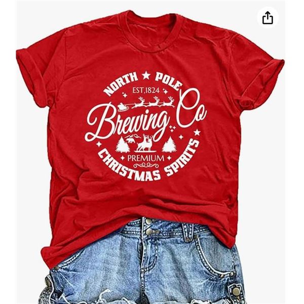 Red XL T-Shirt With North Pole Brewing Co Christmas Spirits Design