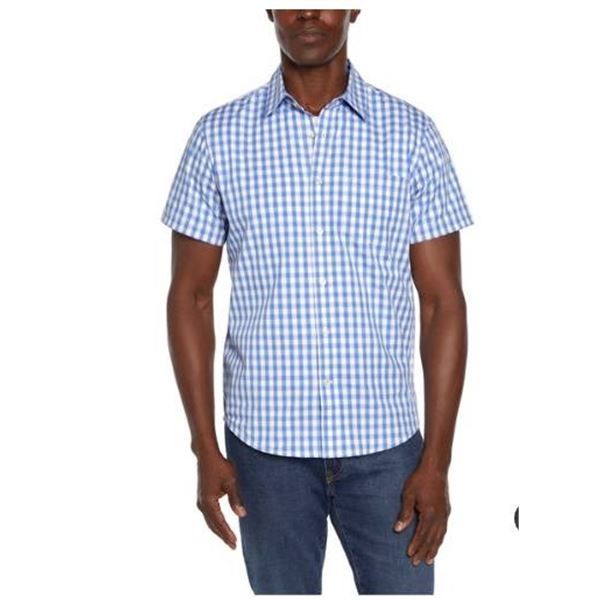 Gap Men’s Blue and White Gingham Short-Sleeve Shirt, Size L/G