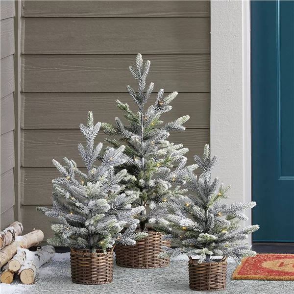 3 Artificial Frosted Pine Trees in Wicker Baskets