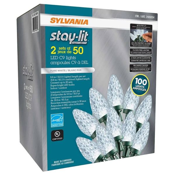 Stay-Lit 2 Sets of 50 LED C9 Lights (100 Total) in Pure White