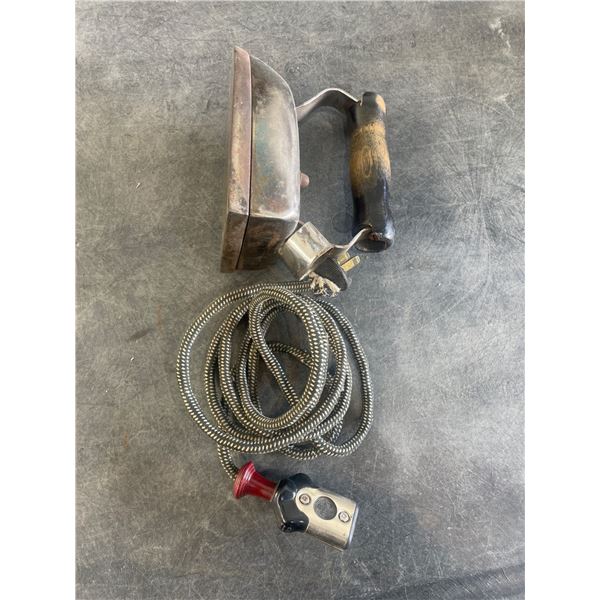 Vintage Electric Iron with Cord and Wooden Handle