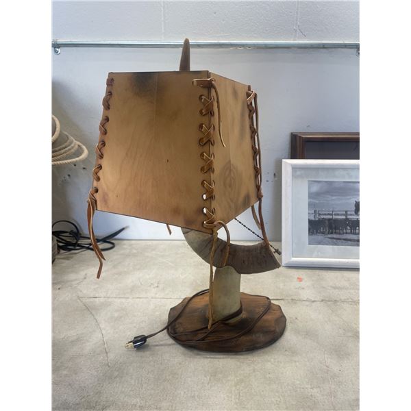 Rustic Horn-Based Lamp With Wooden Leather-Stitched Shade