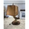 Image 1 : Rustic Horn-Based Lamp With Wooden Leather-Stitched Shade