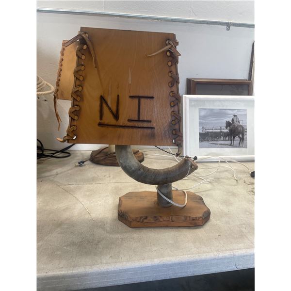 Rustic Table Lamp With Wooden Shade and Horn Accents