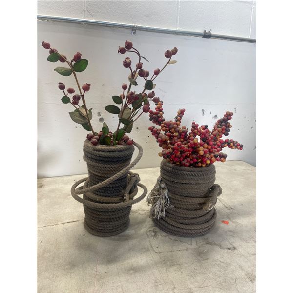 Decorative Rope-Wrapped Vases with Artificial Berry Stems
