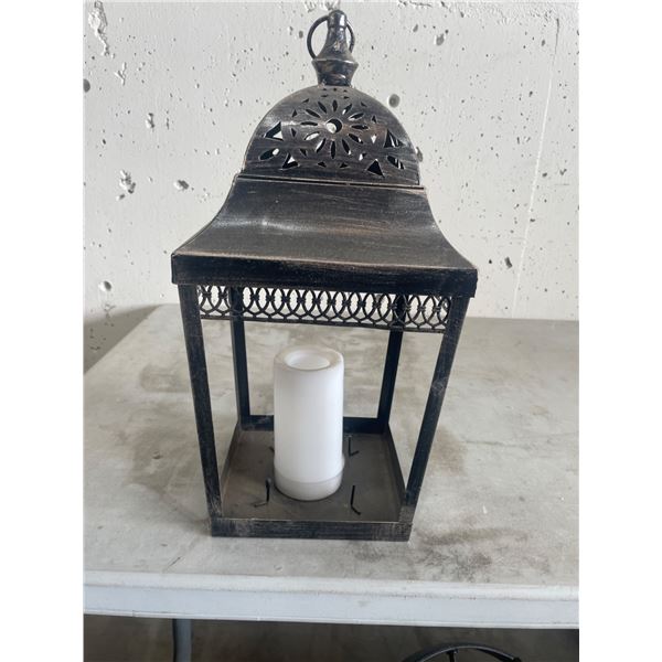 Metal Lantern with Decorative Design and White LED Candle