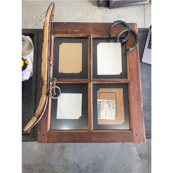 Rustic Wooden Window Frame with Metal Decorative Accents – 25 x 20 Inches
