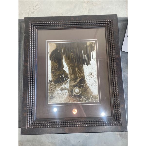 Framed Western Boots Artwork in Wooden Frame with Glass Cover 25 x 21 Inches