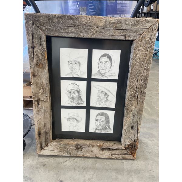 Framed Artwork Featuring Six Sketches of Individuals in Rustic Wood Frame