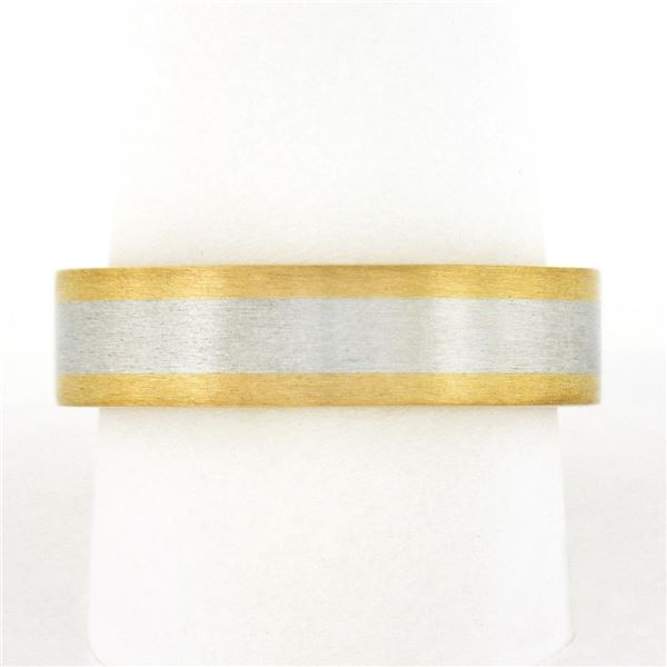 Men's Solid 18k Yellow Gold & Platinum 6mm Wide Brushed Finish Wedding Band Ring