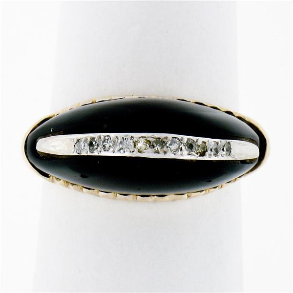 Vintage 14K Yellow Gold.13 ctw Pave Diamond & Domed Custom Cut Black Onyx Ring