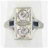 Antique Art Deco 18K White Gold .55 ctw Diamond & Baguette Sapphire Filigree Rin