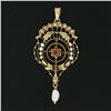 Image 2 : Antique Victorian 10K TT Gold Red Stone Pearl Dangle Open Work Lavalier Pendant