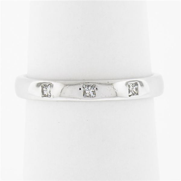 British 18k White Gold .05 ctw Flush Set Princess Diamond Three 3 Stone Band Rin