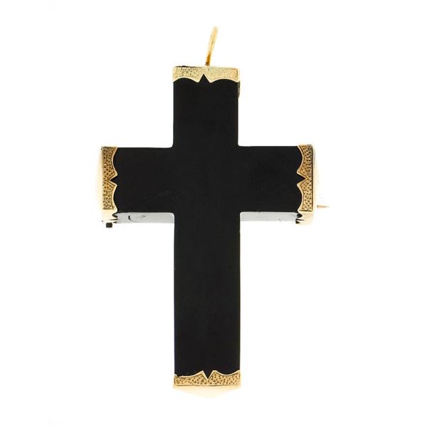 Antique Victorian Large Black Jet Cross w/ 10k Gold End Caps Pin Brooch Pendant
