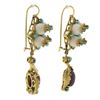 Image 1 : Vintage 18K Gold Bead Coral & Cabochon Ruby w/ Turquoise Drop Dangle Earrings