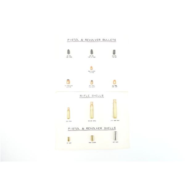 NON-NON-PRIMED RIFLE / PISTOL AND REVOLVER CASES AND PISTOL / REVOLVER BULLETS DISPLAY CARDS LOT