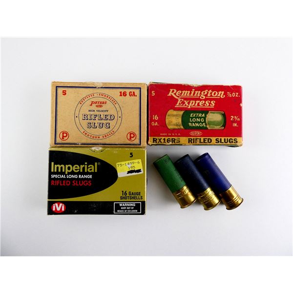 COLLECTIBLE ASSORTED 16 GAUGE 2 9/16" AND 2 3/4" SHOT SHELL AMMO LOT