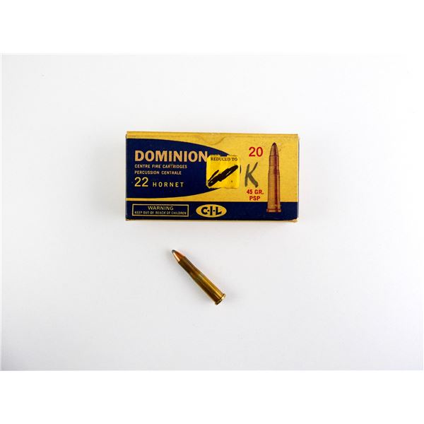 COLLECTIBLE ASSORTED DOMINION .22 HORNET AMMO AND PRIMED BRAS CASES LOT