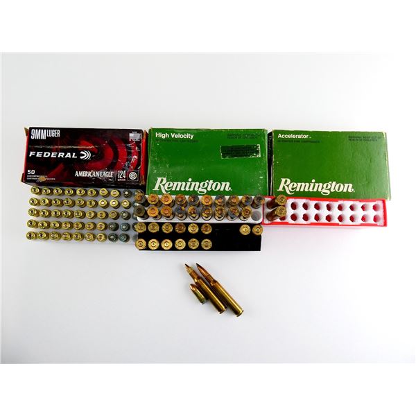ASSORTED 9MM LUGER / .30-06 SPRG ACCELERATOR AMMO AND NON-PRIMED BRASS CASES LOT