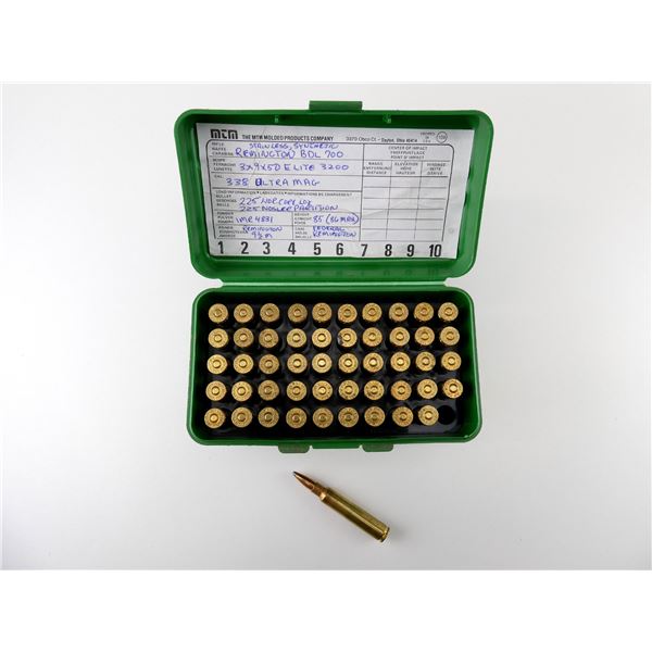 RELOADED ASSORTED .338 REM ULTRA MAGNUM AMMO AND PRIMED BRASS CASES LOT