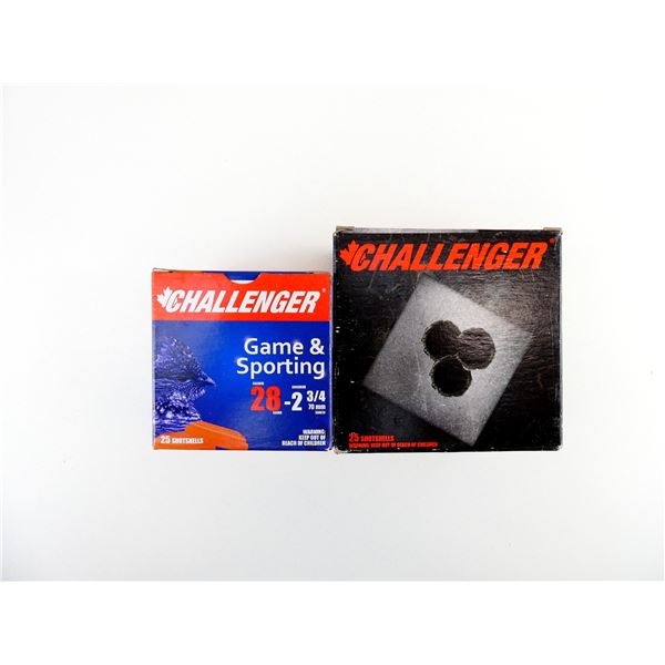 ASSORTED CHALLENGER 12 GAUGE 2 3/4" AND 28 GAUGE 2 3/4" SHOT SHELL AMMO LOT