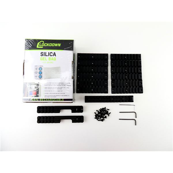 ASSORTED SCOPE RAIL MOUNT AND LOCKDOWN SILICA GEL BAG LOT