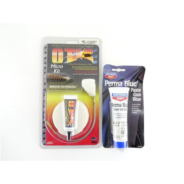 OTIS 9MM - .45 CALIBER PISTOL CLEANING KIT AND BIRCHWOOD CASEY PERMA BLUE LOT