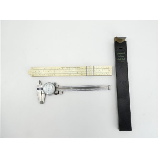 LAWRENCE DELUXE SLIDE RULE AND UNKNOWN DIAL CALIPER LOT