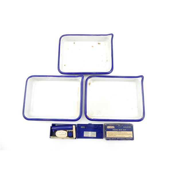 ASSORTED ENAMEL TRAY AND SNAKE BITE KIT LOT
