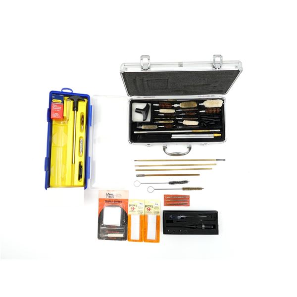 ASSORTED GUN CLEANING SUPPLIES AND BORE SIGHTER LOT