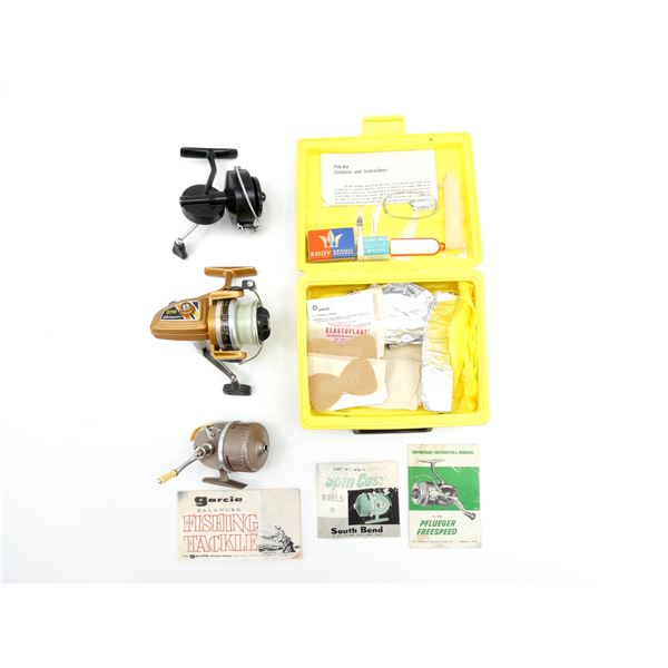 ASSORTED VINTAGE FISHING REEL AND PAK KIT EMERGENCY KIT / ETC. LOT