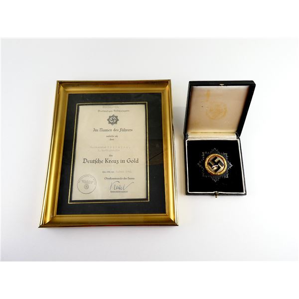 WWII GERMAN WAR ORDER OF THE GERMAN CROSS MEDAL WITH FRAMED OWNERSHIP PAPER