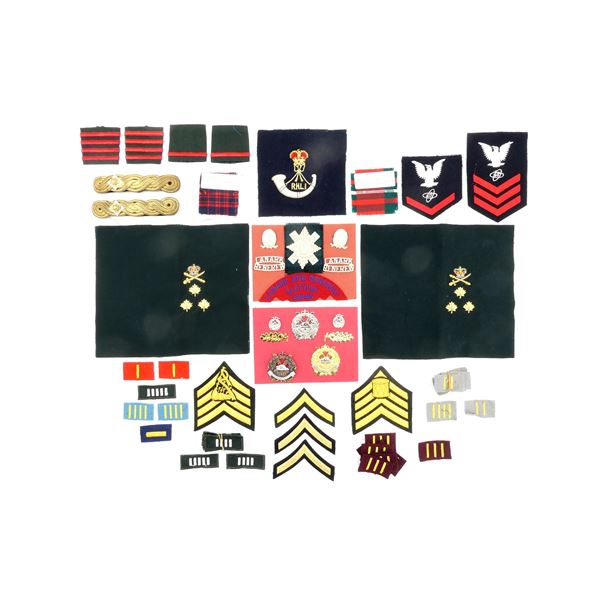 ASSORTED MILITARY BADGES, EPAULETS, RANK CHEVRONS, ETC. LOT