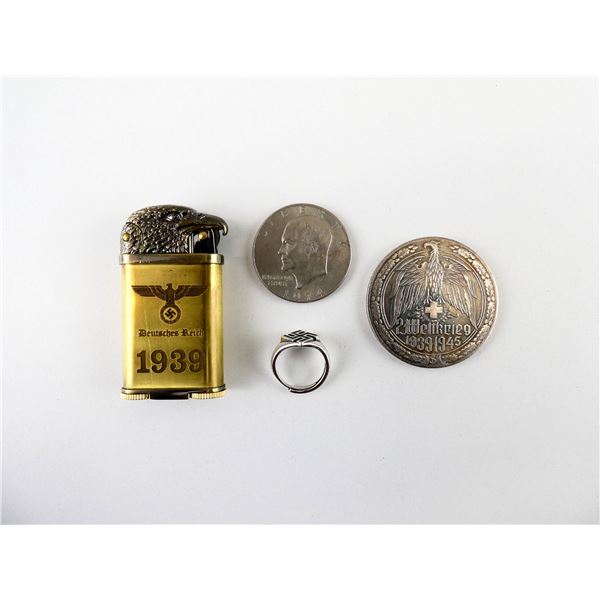 ASSORTED RING, MEDALION, LIGHTER, ETC. LOT
