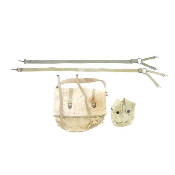 WWII ERA USMC LOWER PACK, SUSPENDERS AND REPRODUCTION CANTEEN COVER LOT
