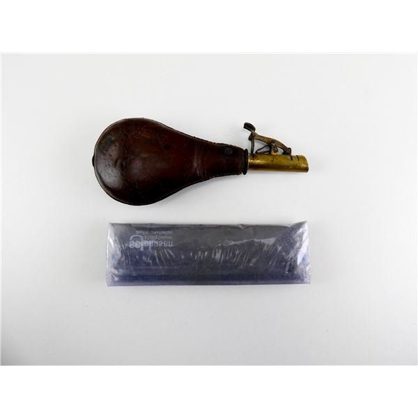 VINTAGE LEATHER SHOT / POWDER FLASK AND UNKNOWN SHOT LOT