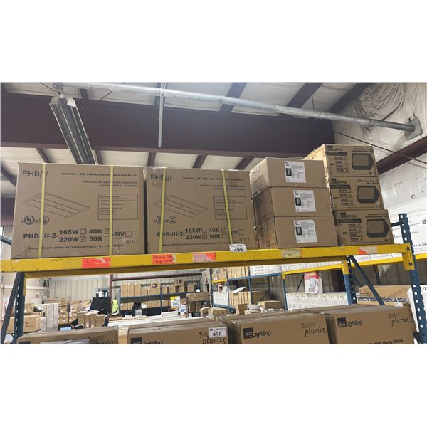 SHELF OF EE LIGHTING INCLUDING 4 CASES OF 2 PBH III HIGH BAY LIGHTING, 6 CASES OF LED WALL SCONCES &