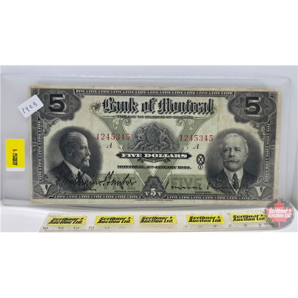 Bank of Montreal $5 Bill 1923 : "A" Series : #1245345 (See Pictures for Varieties, Conditions, Seria