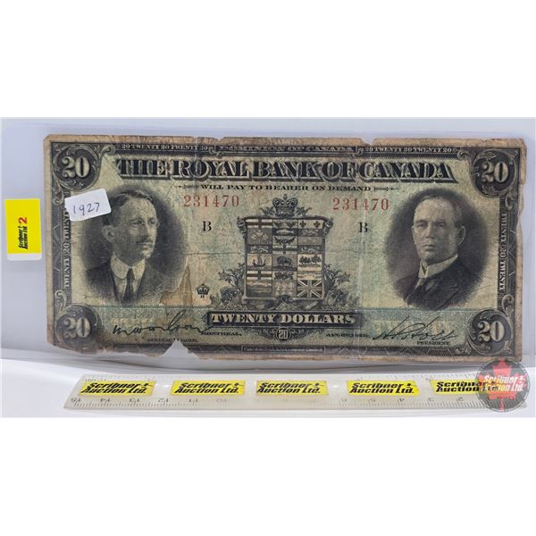The Royal Bank of Canada $20 Bill 1927 : "B" Series : #231470 (See Pictures for Varieties, Condition