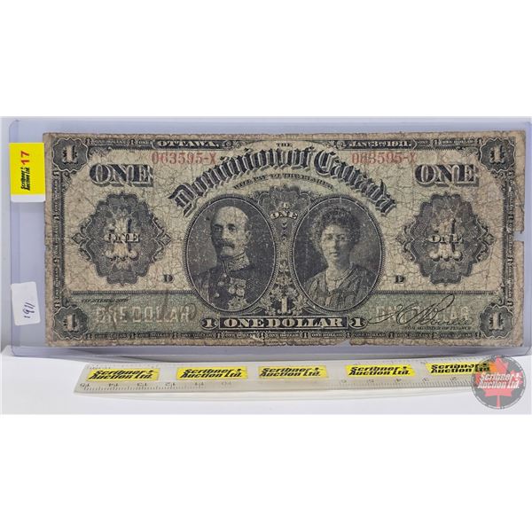 Dominion of Canada $1 Bill 1911 : "D" Series : Boville #063595-X (See Pictures for Varieties, Condit